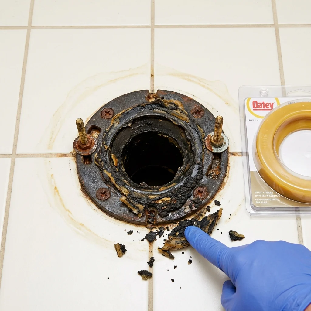 Failed wax ring showing water seepage at the base of a toilet in a Eureka, CA home