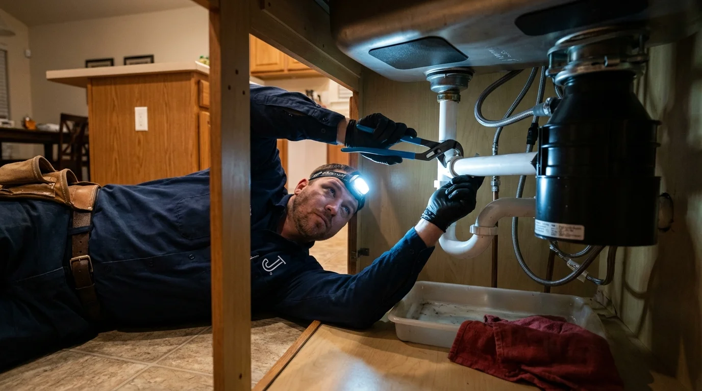 P-trap and supply line connections under a kitchen sink showing a common leak point in Eureka, CA